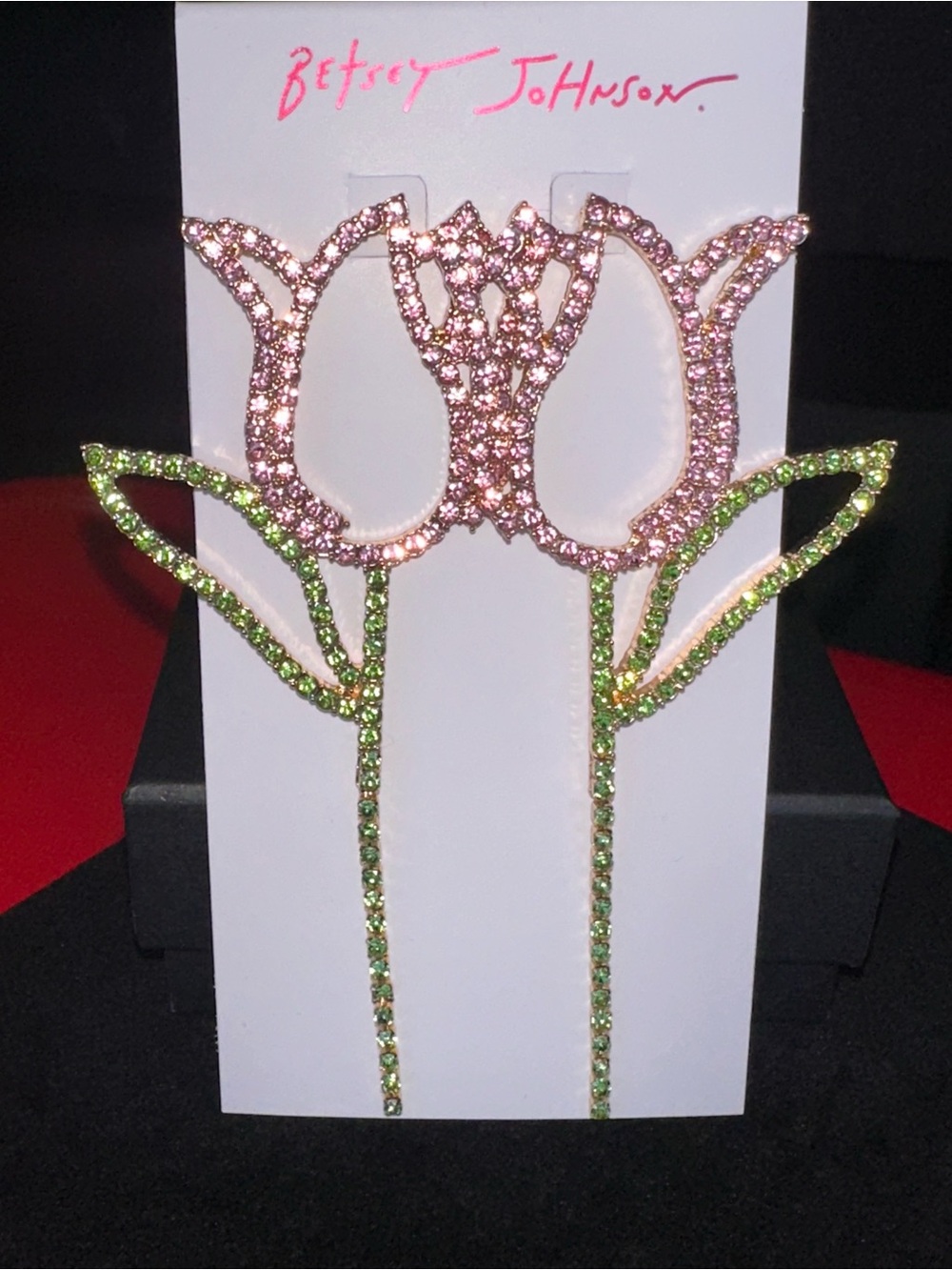 Betsey Johnson Pink and Green Rhinestone Tulip earring set